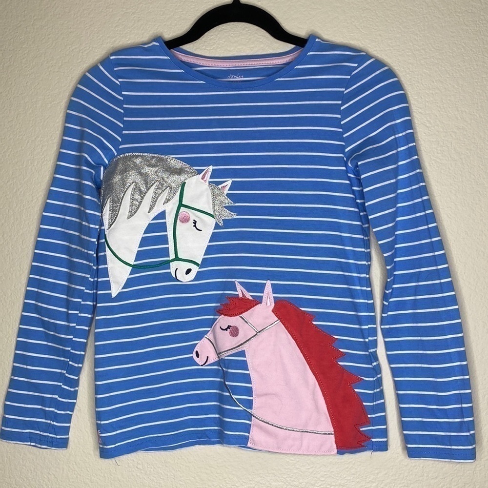 Joules long sleeve shirt girls Sz 11 eleven pink white horses blue stripe